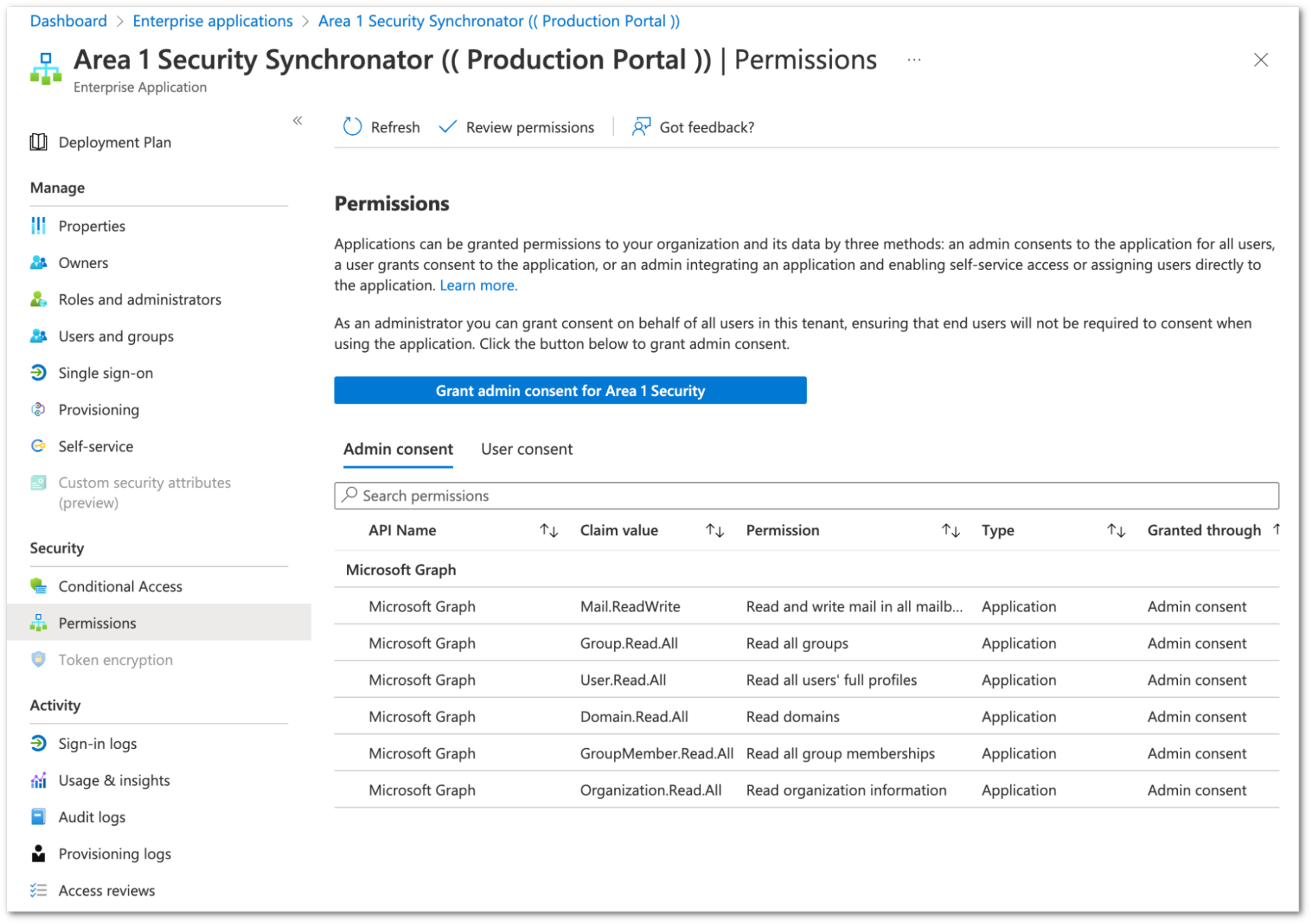 Permissions required for Email Security to access Office 365